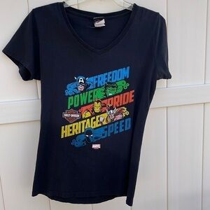 Harley Davidson & Marvel collab Lubbock, Texas ladies v- neck.  Size small.